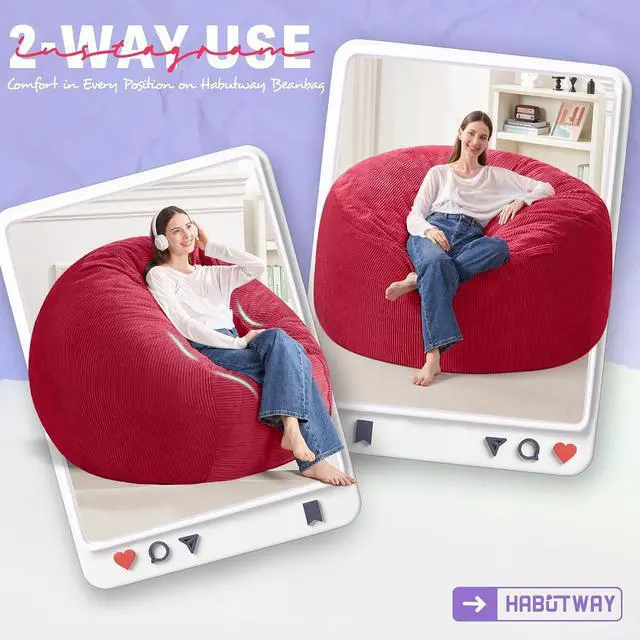 Alt view image 3 of 6 - 4FT Bean Bag Chair,Giant Bean Bag Chairs for Adults,Big Bean Bags with Memory Foam Filled, Large Beanbag Chairs with Soft Corduroy Cover-RED