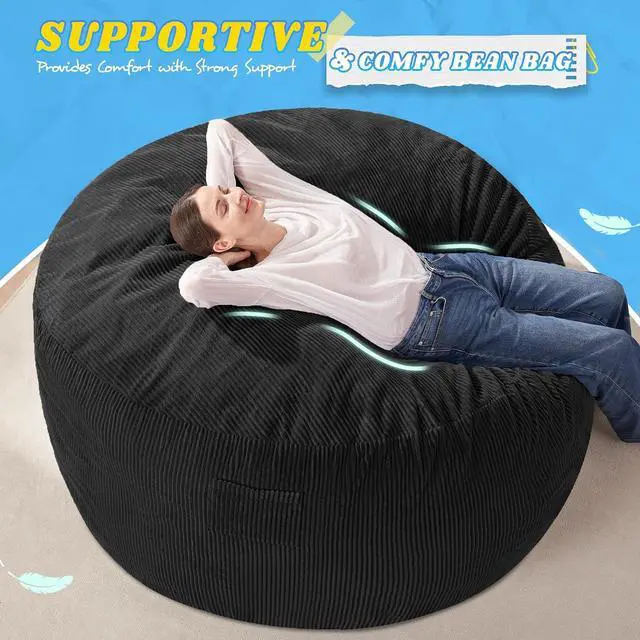 Alt view image 5 of 6 - 5FT Bean Bag Chair,Giant Bean Bag Chairs for Adults,Big Bean Bags with Memory Foam Filled, Large Beanbag Chairs with Soft Corduroy Cover-Black