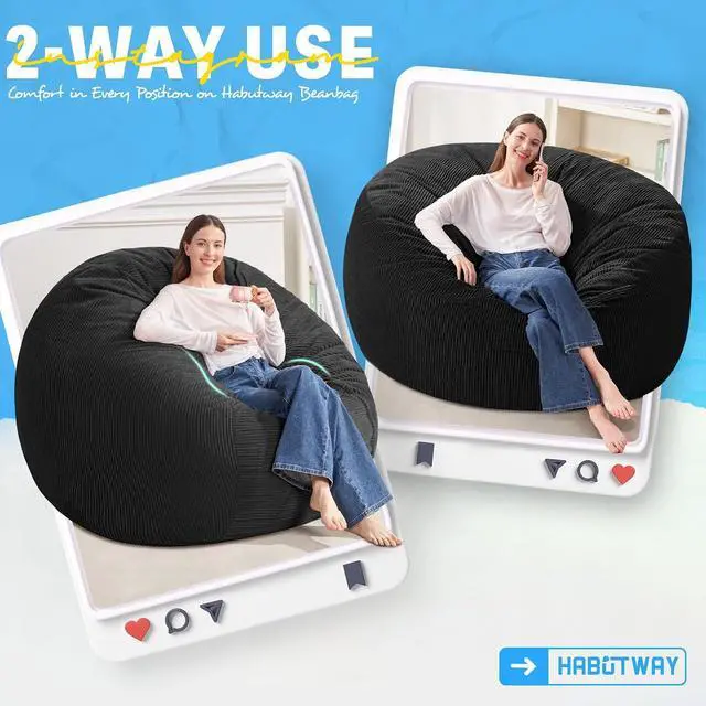 Alt view image 3 of 6 - 5FT Bean Bag Chair,Giant Bean Bag Chairs for Adults,Big Bean Bags with Memory Foam Filled, Large Beanbag Chairs with Soft Corduroy Cover-Black