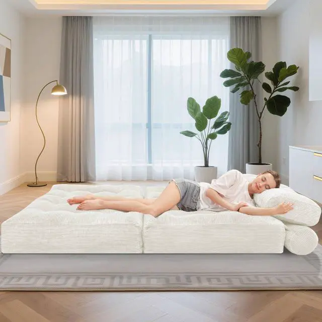 Alt view image 5 of 7 - Folding Sofa Bed, Foldable Floor Sofa Lounge w/Dual-Pillow & Handle, Convertible Sleeper Chair Bed w/Back Support for Living Room, Bedroom, Apartment, Office, Beige, Full