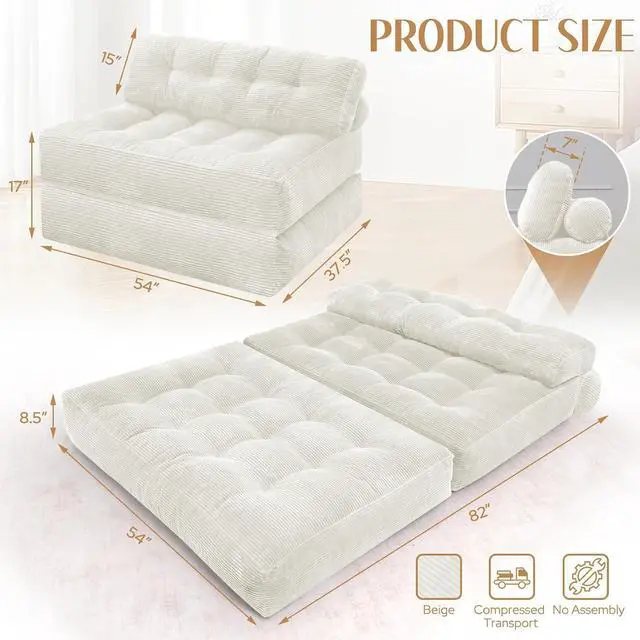 Alt view image 2 of 7 - Folding Sofa Bed, Foldable Floor Sofa Lounge w/Dual-Pillow & Handle, Convertible Sleeper Chair Bed w/Back Support for Living Room, Bedroom, Apartment, Office, Beige, Full