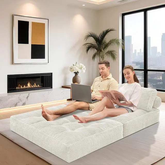 Alt view image 4 of 7 - Folding Sofa Bed, Foldable Floor Sofa Lounge w/Dual-Pillow & Handle, Convertible Sleeper Chair Bed w/Back Support for Living Room, Bedroom, Apartment, Office, Beige, Full