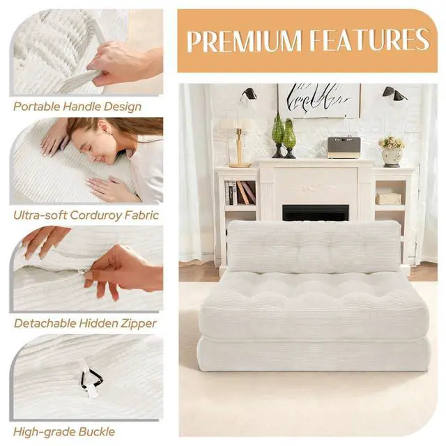 Alt view image 6 of 7 - Folding Sofa Bed, Foldable Floor Sofa Lounge w/Dual-Pillow & Handle, Convertible Sleeper Chair Bed w/Back Support for Living Room, Bedroom, Apartment, Office, Beige, Full