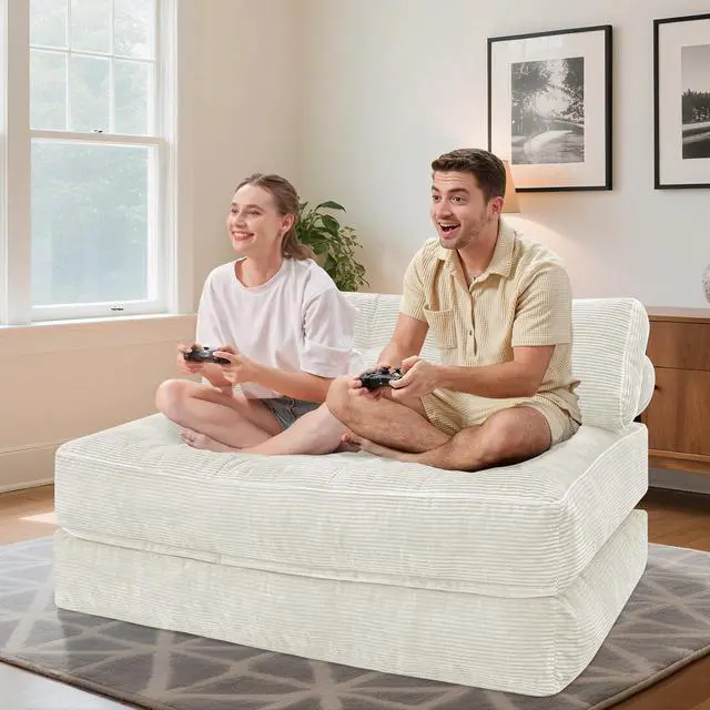 Alt view image 3 of 7 - Folding Sofa Bed, Foldable Floor Sofa Lounge w/Dual-Pillow & Handle, Convertible Sleeper Chair Bed w/Back Support for Living Room, Bedroom, Apartment, Office, Beige, Full