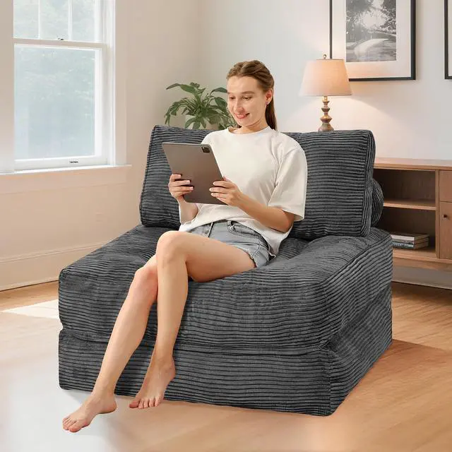 Alt view image 3 of 7 - Folding Sofa Bed, Convertible Sleeper Chair Bed w/Dual-Pillow & Handle, Foldable Floor Sofa Lounge w/Back Support for Living Room, Bedroom, Apartment, Office, Single, Grey
