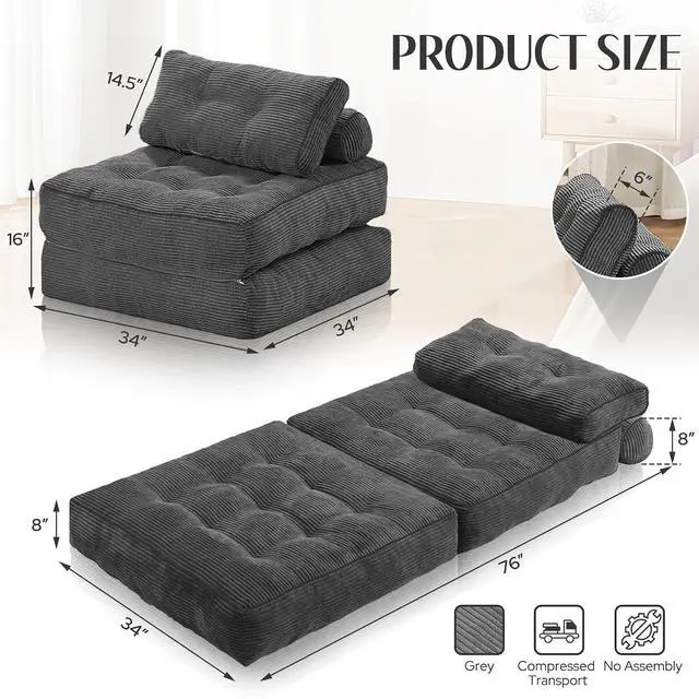 Alt view image 2 of 7 - Folding Sofa Bed, Convertible Sleeper Chair Bed w/Dual-Pillow & Handle, Foldable Floor Sofa Lounge w/Back Support for Living Room, Bedroom, Apartment, Office, Single, Grey