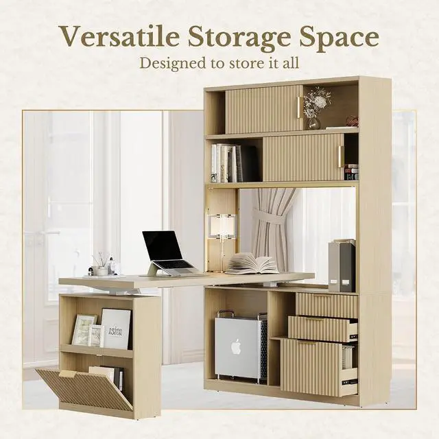 Alt view image 4 of 7 - 60'' L Shaped Standing Desk with Hutch, Fluted Executive Electric Desk with Drawers and File Cabinet & Power Outlets, Corner Computer Desk with Storage for Home Office, Light Walnut