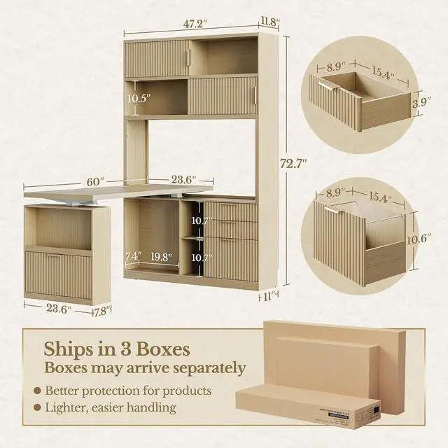 Alt view image 2 of 7 - 60'' L Shaped Standing Desk with Hutch, Fluted Executive Electric Desk with Drawers and File Cabinet & Power Outlets, Corner Computer Desk with Storage for Home Office, Light Walnut