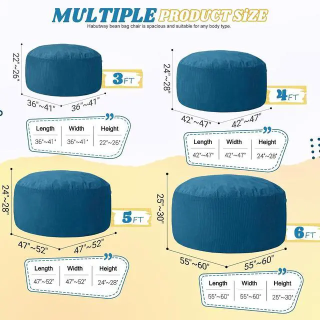 Alt view image 2 of 6 - 4FT Bean Bag Chair,Giant Bean Bag Chairs for Adults,Big Bean Bags with Memory Foam Filled, Large Beanbag Chairs with Soft Corduroy Cover-Dark Blue