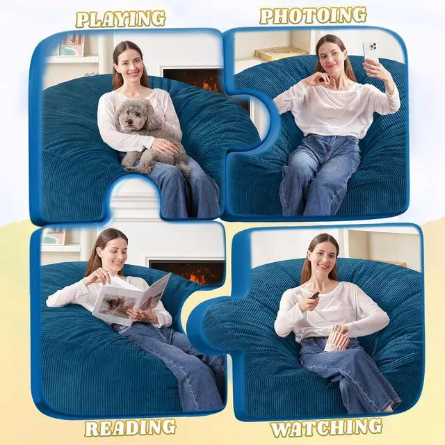 Alt view image 4 of 6 - 4FT Bean Bag Chair,Giant Bean Bag Chairs for Adults,Big Bean Bags with Memory Foam Filled, Large Beanbag Chairs with Soft Corduroy Cover-Dark Blue