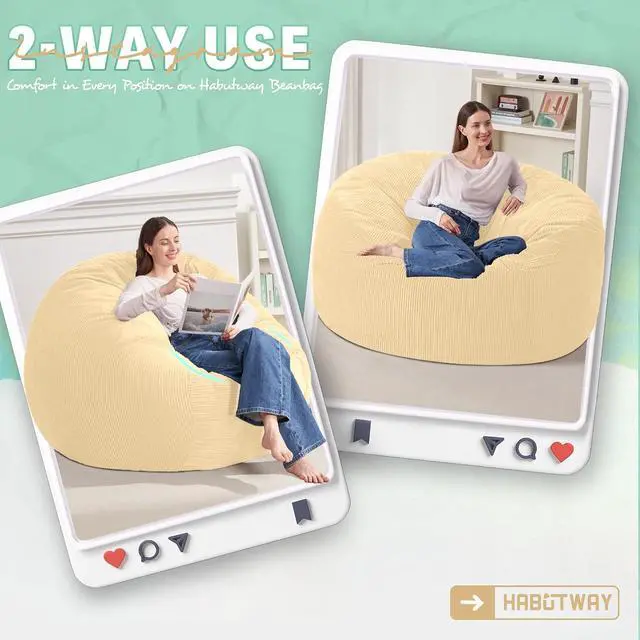 Alt view image 3 of 6 - 3FT Bean Bag Chair,Giant Bean Bag Chairs for Adults,Big Bean Bags with Memory Foam Filled, Large Beanbag Chairs with Soft Corduroy Cover