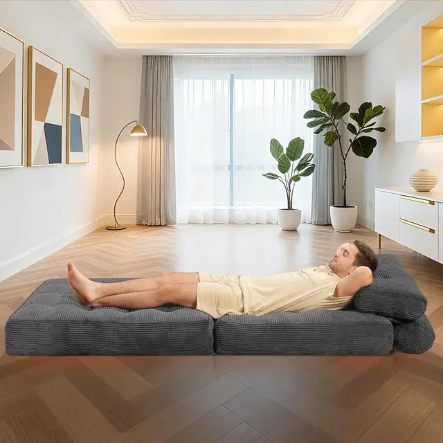 Alt view image 5 of 7 - Folding Sofa Bed, Convertible Sleeper Chair Bed w/Dual-Pillow & Handle, Foldable Floor Sofa Lounge w/Back Support for Living Room, Bedroom, Apartment, Office, Single, Grey