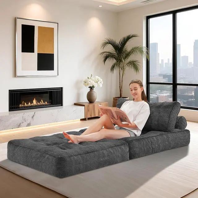 Alt view image 4 of 7 - Folding Sofa Bed, Convertible Sleeper Chair Bed w/Dual-Pillow & Handle, Foldable Floor Sofa Lounge w/Back Support for Living Room, Bedroom, Apartment, Office, Single, Grey