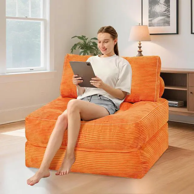 Alt view image 3 of 7 - Folding Sofa Bed, Convertible Sleeper Chair Bed w/Dual-Pillow & Handle, Foldable Floor Sofa Lounge w/Back Support for Living Room, Bedroom, Apartment, Office, Single, Orange