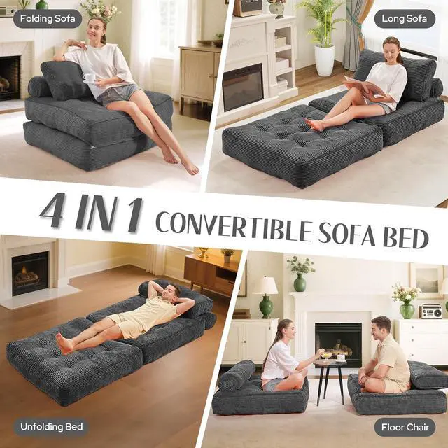 Alt view image 7 of 7 - Folding Sofa Bed, Convertible Sleeper Chair Bed w/Dual-Pillow & Handle, Foldable Floor Sofa Lounge w/Back Support for Living Room, Bedroom, Apartment, Office, Single, Grey