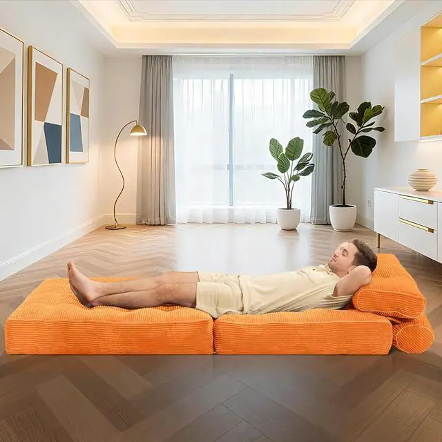 Alt view image 5 of 7 - Folding Sofa Bed, Convertible Sleeper Chair Bed w/Dual-Pillow & Handle, Foldable Floor Sofa Lounge w/Back Support for Living Room, Bedroom, Apartment, Office, Single, Orange