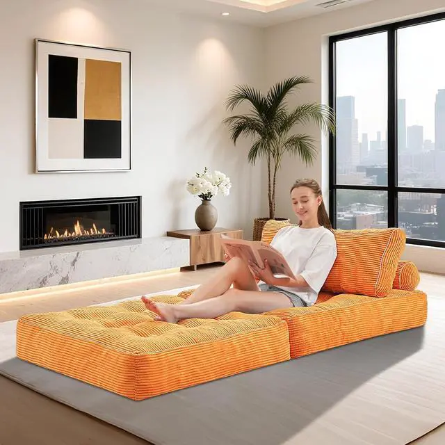 Alt view image 4 of 7 - Folding Sofa Bed, Convertible Sleeper Chair Bed w/Dual-Pillow & Handle, Foldable Floor Sofa Lounge w/Back Support for Living Room, Bedroom, Apartment, Office, Single, Orange