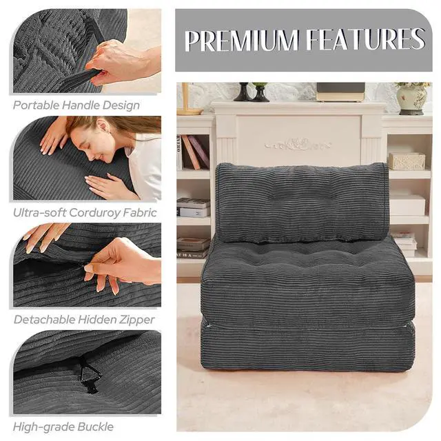 Alt view image 6 of 7 - Folding Sofa Bed, Convertible Sleeper Chair Bed w/Dual-Pillow & Handle, Foldable Floor Sofa Lounge w/Back Support for Living Room, Bedroom, Apartment, Office, Single, Grey