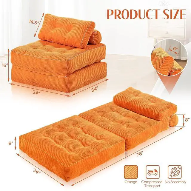 Alt view image 2 of 7 - Folding Sofa Bed, Convertible Sleeper Chair Bed w/Dual-Pillow & Handle, Foldable Floor Sofa Lounge w/Back Support for Living Room, Bedroom, Apartment, Office, Single, Orange