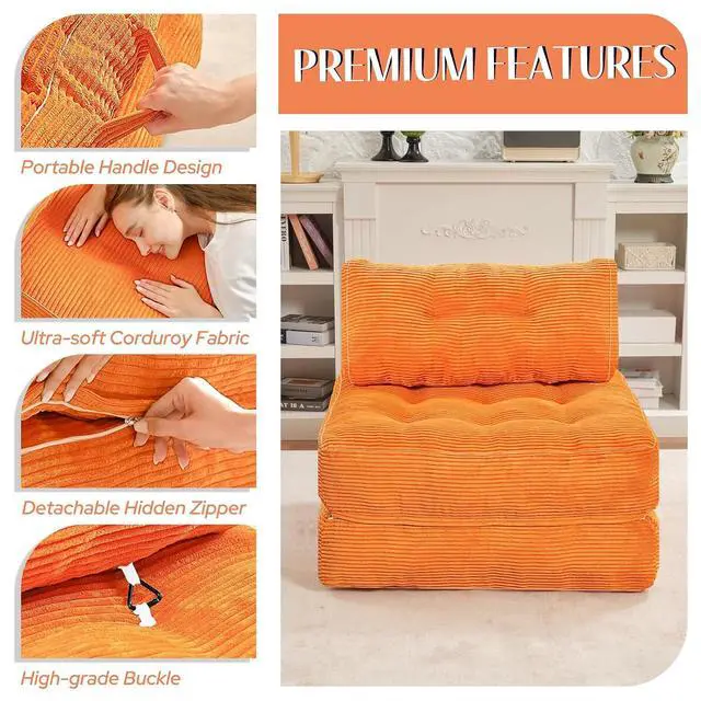 Alt view image 6 of 7 - Folding Sofa Bed, Convertible Sleeper Chair Bed w/Dual-Pillow & Handle, Foldable Floor Sofa Lounge w/Back Support for Living Room, Bedroom, Apartment, Office, Single, Orange