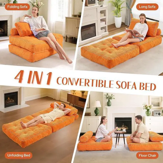 Alt view image 7 of 7 - Folding Sofa Bed, Convertible Sleeper Chair Bed w/Dual-Pillow & Handle, Foldable Floor Sofa Lounge w/Back Support for Living Room, Bedroom, Apartment, Office, Single, Orange