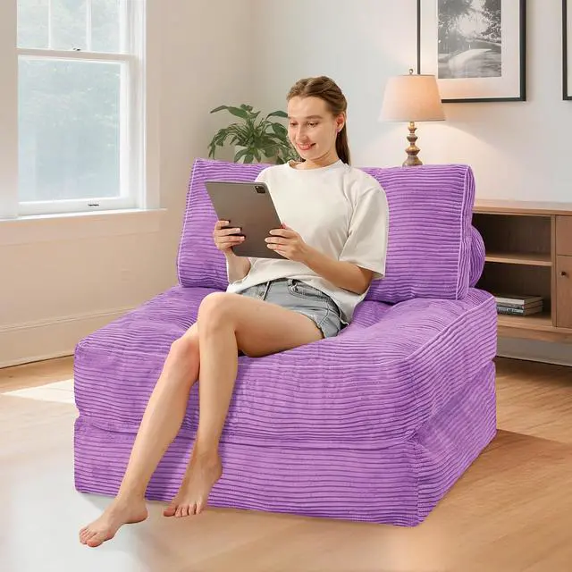 Alt view image 3 of 7 - Folding Sofa Bed, Convertible Sleeper Chair Bed w/Dual-Pillow & Handle, Foldable Floor Sofa Lounge w/Back Support for Living Room, Bedroom, Apartment, Office, Single, Light Purple