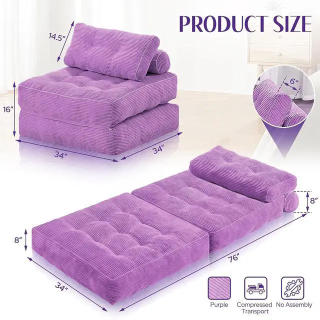 Alt view image 2 of 7 - Folding Sofa Bed, Convertible Sleeper Chair Bed w/Dual-Pillow & Handle, Foldable Floor Sofa Lounge w/Back Support for Living Room, Bedroom, Apartment, Office, Single, Light Purple