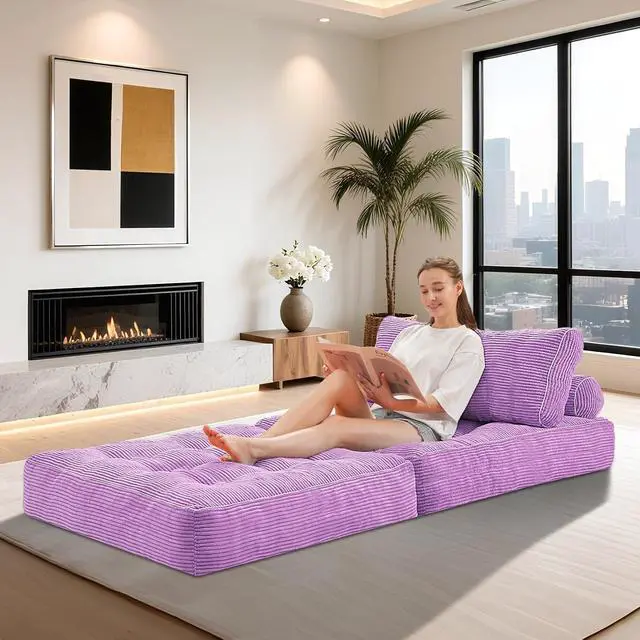 Alt view image 4 of 7 - Folding Sofa Bed, Convertible Sleeper Chair Bed w/Dual-Pillow & Handle, Foldable Floor Sofa Lounge w/Back Support for Living Room, Bedroom, Apartment, Office, Single, Light Purple