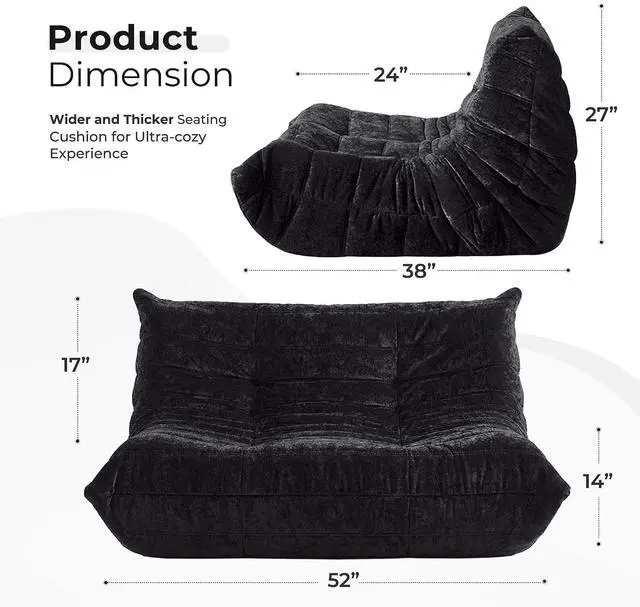 Alt view image 2 of 7 - Bean Bag Chair, Giant Bean Bag Chairs for Adults, Loveseat Fireside Chair, 2 Seater Lazy Bean Bag Sofa Memory Foam Couch for Living Room, Bedroom, Office (Black)