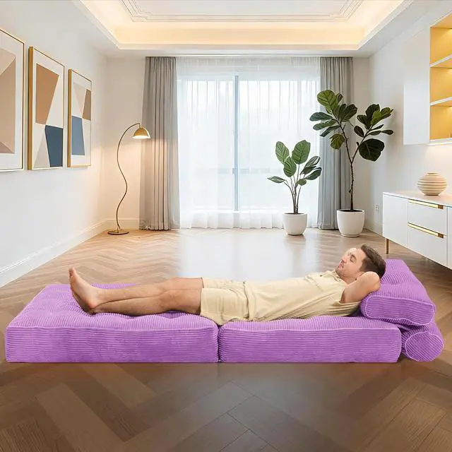 Alt view image 5 of 7 - Folding Sofa Bed, Convertible Sleeper Chair Bed w/Dual-Pillow & Handle, Foldable Floor Sofa Lounge w/Back Support for Living Room, Bedroom, Apartment, Office, Single, Light Purple