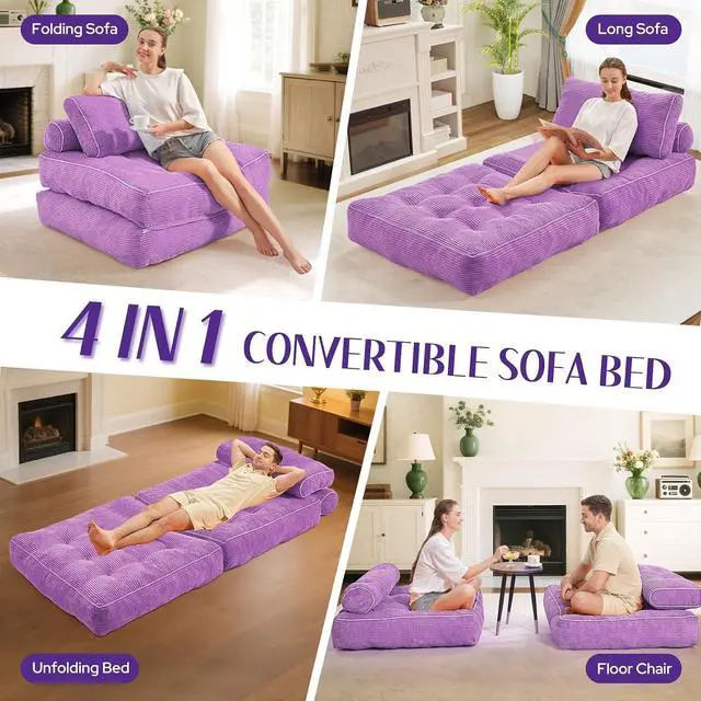Alt view image 7 of 7 - Folding Sofa Bed, Convertible Sleeper Chair Bed w/Dual-Pillow & Handle, Foldable Floor Sofa Lounge w/Back Support for Living Room, Bedroom, Apartment, Office, Single, Light Purple