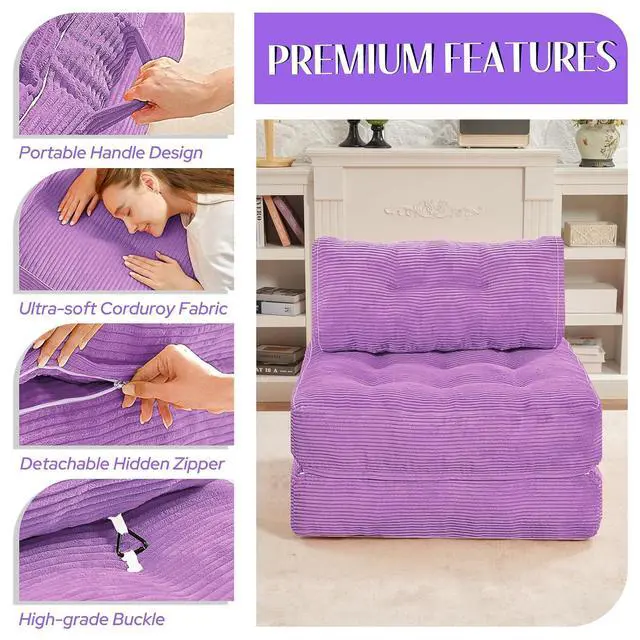 Alt view image 6 of 7 - Folding Sofa Bed, Convertible Sleeper Chair Bed w/Dual-Pillow & Handle, Foldable Floor Sofa Lounge w/Back Support for Living Room, Bedroom, Apartment, Office, Single, Light Purple