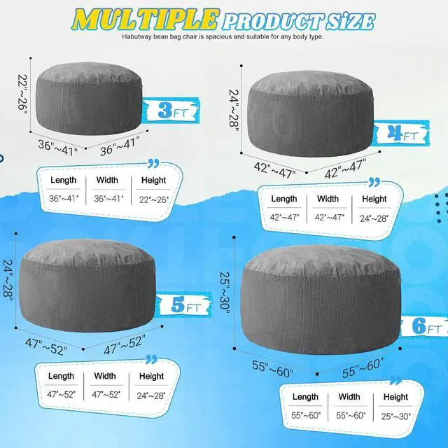Alt view image 2 of 6 - 5FT Bean Bag Chair,Giant Bean Bag Chairs for Adults,Big Bean Bags with Memory Foam Filled, Large Beanbag Chairs with Soft Corduroy Cover-Grey