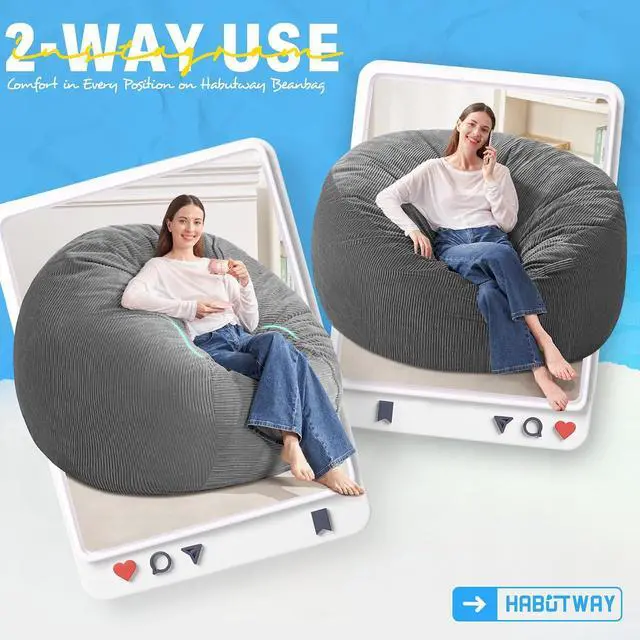 Alt view image 3 of 6 - 5FT Bean Bag Chair,Giant Bean Bag Chairs for Adults,Big Bean Bags with Memory Foam Filled, Large Beanbag Chairs with Soft Corduroy Cover-Grey