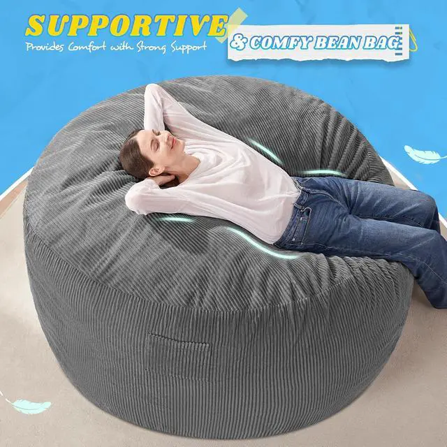 Alt view image 5 of 6 - 5FT Bean Bag Chair,Giant Bean Bag Chairs for Adults,Big Bean Bags with Memory Foam Filled, Large Beanbag Chairs with Soft Corduroy Cover-Grey