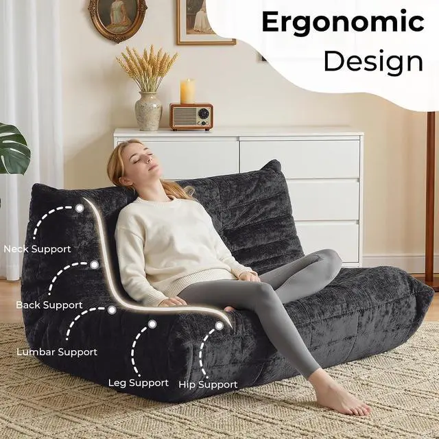 Alt view image 4 of 7 - Bean Bag Chair, Giant Bean Bag Chairs for Adults, Loveseat Fireside Chair, 2 Seater Lazy Bean Bag Sofa Memory Foam Couch for Living Room, Bedroom, Office (Black)