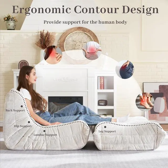 Alt view image 4 of 7 - Bean Bag Ottoman,Foot Rest,Fireside Chair Memory Foam Lazy Bean Bag Sofa for Living Room,Bedroom,Dorm,Office (Ottoman-Beige)