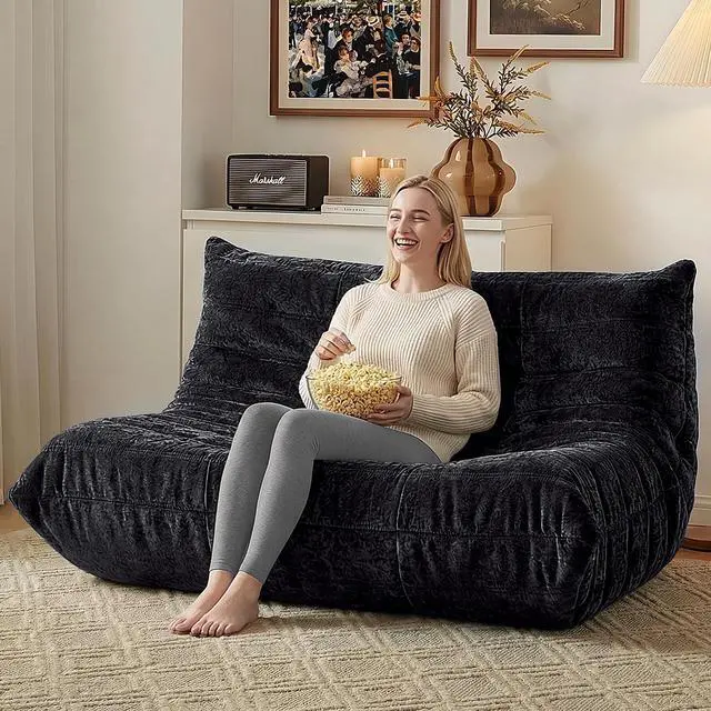 Alt view image 6 of 7 - Bean Bag Chair, Giant Bean Bag Chairs for Adults, Loveseat Fireside Chair, 2 Seater Lazy Bean Bag Sofa Memory Foam Couch for Living Room, Bedroom, Office (Black)