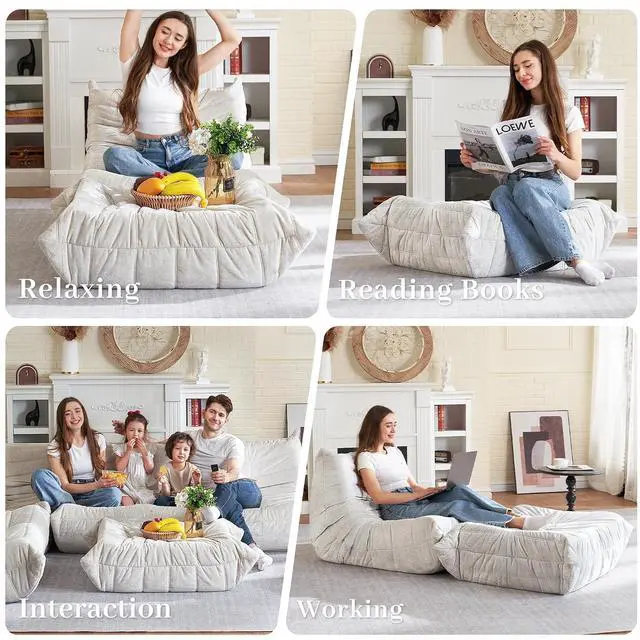 Alt view image 5 of 7 - Bean Bag Ottoman,Foot Rest,Fireside Chair Memory Foam Lazy Bean Bag Sofa for Living Room,Bedroom,Dorm,Office (Ottoman-Beige)