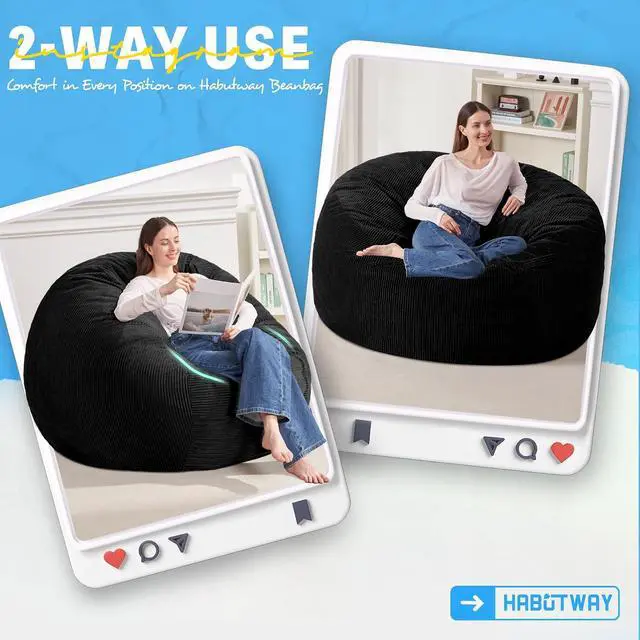 Alt view image 3 of 6 - 3FT Bean Bag Chair,Giant Bean Bag Chairs for Adults,Big Bean Bags with Memory Foam Filled, Large Beanbag Chairs with Soft Corduroy Cover-Black