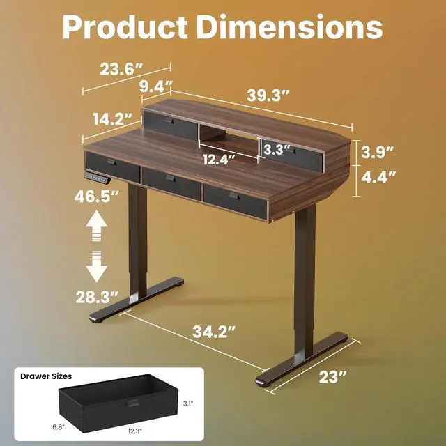 Alt view image 2 of 7 - 40 X 24 inch Electric Standing Desk with 4 Drawers, Adjustable Height Sit Stand Home Office Desk, C-Clamp Mount Compatible, Ergonomic Stand up Desk with 4 Preset Heights, Walnut
