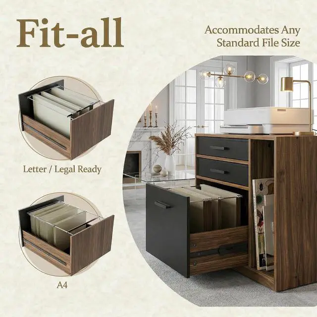 Alt view image 6 of 7 - 66"x58" Executive L-Shaped Standing Desk with 9 Drawers and File Cabinet, Electric Stand Up Corner Desk with Storage, Height Adjustable Desk for Home and Office, Black Walnut