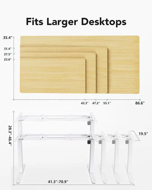 Alt view image 2 of 7 - Standing Desk Frame with 220lbs Powerful Brushless Motor, Double Crossbeam Structure, Thick Adjustable Desk Legs, for Max 35.4 x 86.6 Desktop, for Home Office, White Frame Only