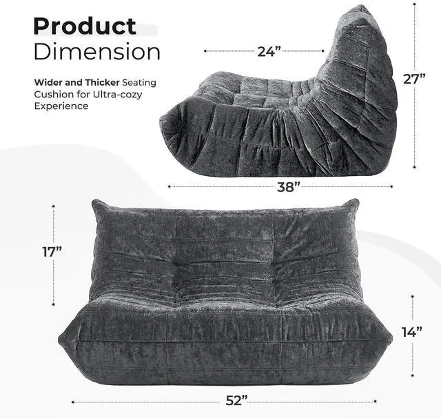 Alt view image 2 of 7 - Bean Bag Chair, Giant Bean Bag Chairs for Adults, Loveseat Fireside Chair, 2 Seater Lazy Bean Bag Sofa Memory Foam Couch for Living Room, Bedroom, Office (Grey)