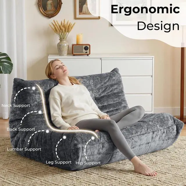 Alt view image 4 of 7 - Bean Bag Chair, Giant Bean Bag Chairs for Adults, Loveseat Fireside Chair, 2 Seater Lazy Bean Bag Sofa Memory Foam Couch for Living Room, Bedroom, Office (Grey)