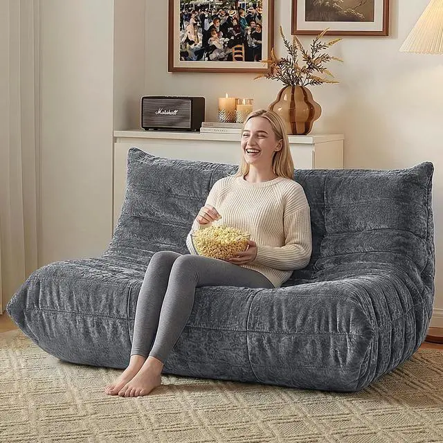 Alt view image 7 of 7 - Bean Bag Chair, Giant Bean Bag Chairs for Adults, Loveseat Fireside Chair, 2 Seater Lazy Bean Bag Sofa Memory Foam Couch for Living Room, Bedroom, Office (Grey)