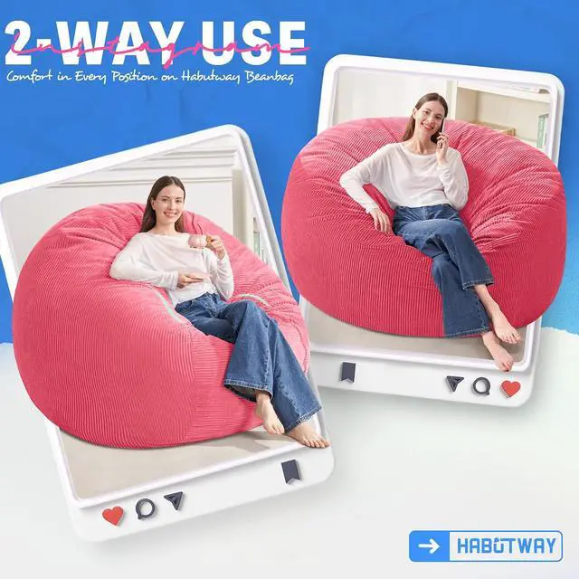 Alt view image 3 of 6 - 5FT Bean Bag Chair,Giant Bean Bag Chairs for Adults,Big Bean Bags with Memory Foam Filled, Large Beanbag Chairs with Soft Corduroy Cover-Pink