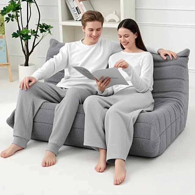 Alt view image 4 of 7 - Bean Bag Chairs Fireside Lazy Floor Sofa, Soft Teddy Fleece 2 Seater Sofa with High-Resilience Foam FillingBeanbag for Living Room, Bedroom, Office (Light Gray Teddy)