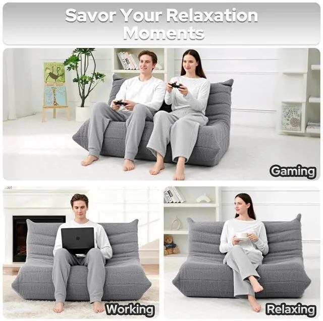 Alt view image 5 of 7 - Bean Bag Chairs Fireside Lazy Floor Sofa, Soft Teddy Fleece 2 Seater Sofa with High-Resilience Foam FillingBeanbag for Living Room, Bedroom, Office (Light Gray Teddy)