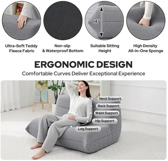 Alt view image 3 of 7 - Bean Bag Chairs Fireside Lazy Floor Sofa, Soft Teddy Fleece 2 Seater Sofa with High-Resilience Foam FillingBeanbag for Living Room, Bedroom, Office (Light Gray Teddy)